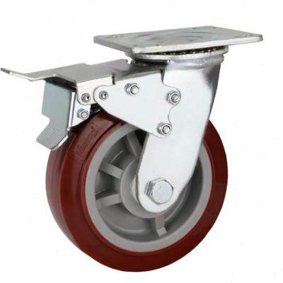 新款枣红PU脚轮重型轮高承载定向万向带刹车工业推车轮子
