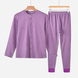 中老年细横条纹秋衣秋裤女纯棉套装开衫打底大码妈妈保暖系扣内衣