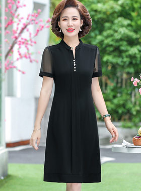 潮流夏装中年女装复古短袖V领洋气连衣裙妈妈纯色气质雪纺裙子