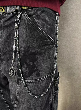 afaa暗黑闪光石灰珠手工拼接小众穿搭配饰牛仔裤链腰间挂饰黑曜石