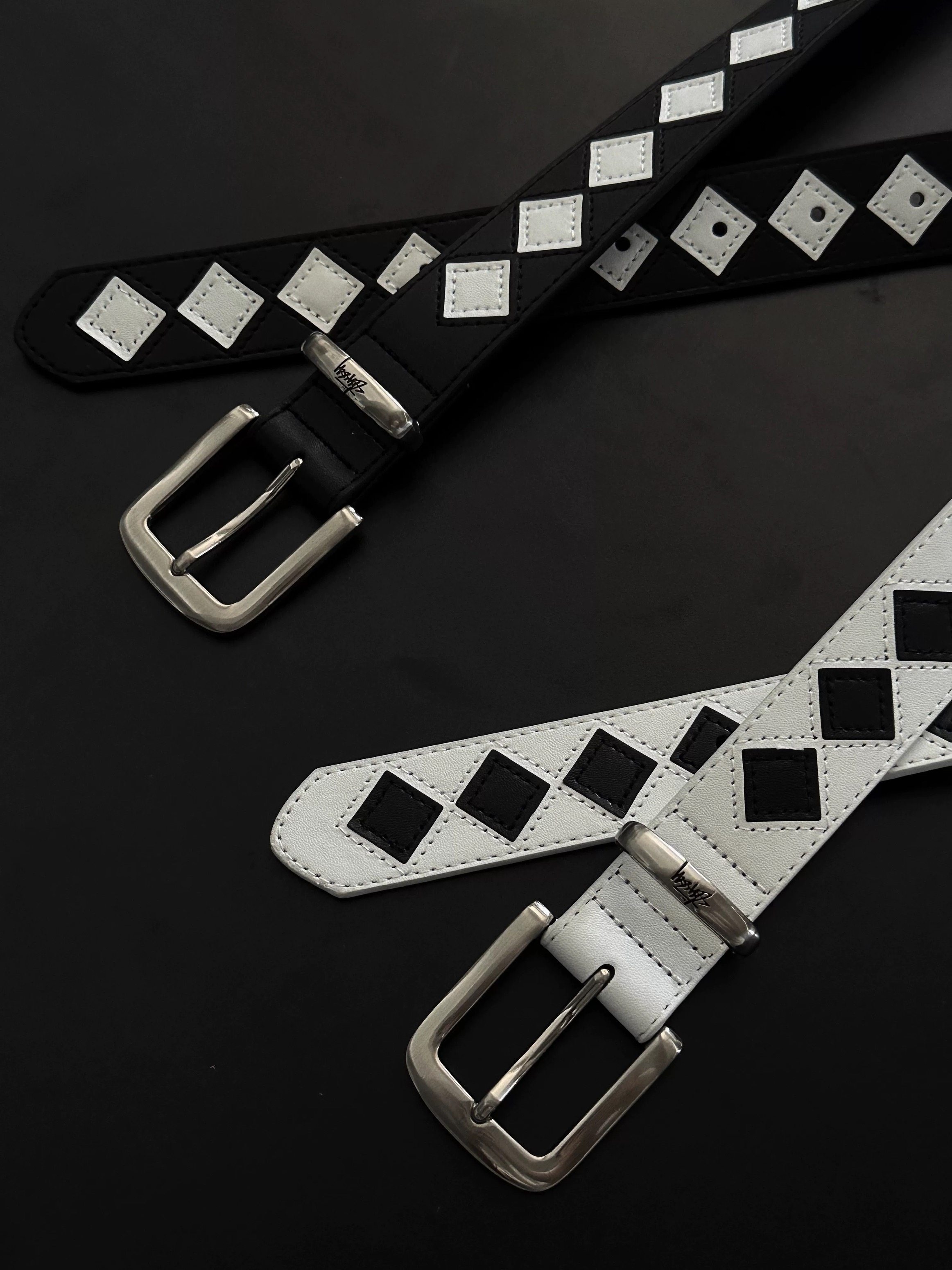 afaaa黑白菱格腰带STU风中古小众百搭穿搭配饰质感皮革棋盘格皮带 - afaaa出品