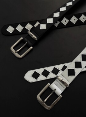 afaaa黑白菱格腰带STU风中古小众百搭穿搭配饰质感皮革棋盘格皮带