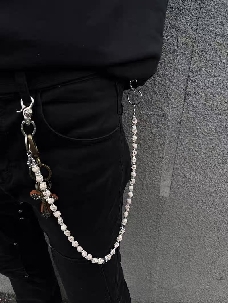 afaaa复古白骷髅做旧串珠裤链小众嘻哈十字架 牛仔裤腰链穿搭挂饰