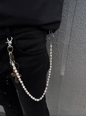 afaaa复古白骷髅做旧串珠裤链小众嘻哈十字架 牛仔裤腰链穿搭挂饰