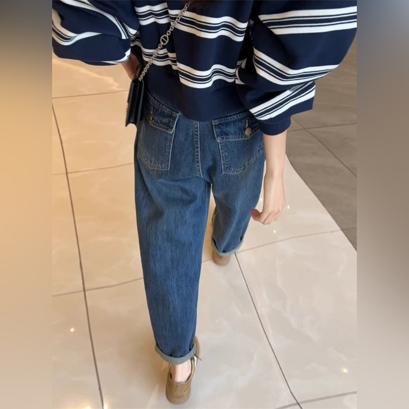 潮牌哈伦直筒牛仔裤女春秋新款大码宽松显瘦高腰遮胯九分老爹裤