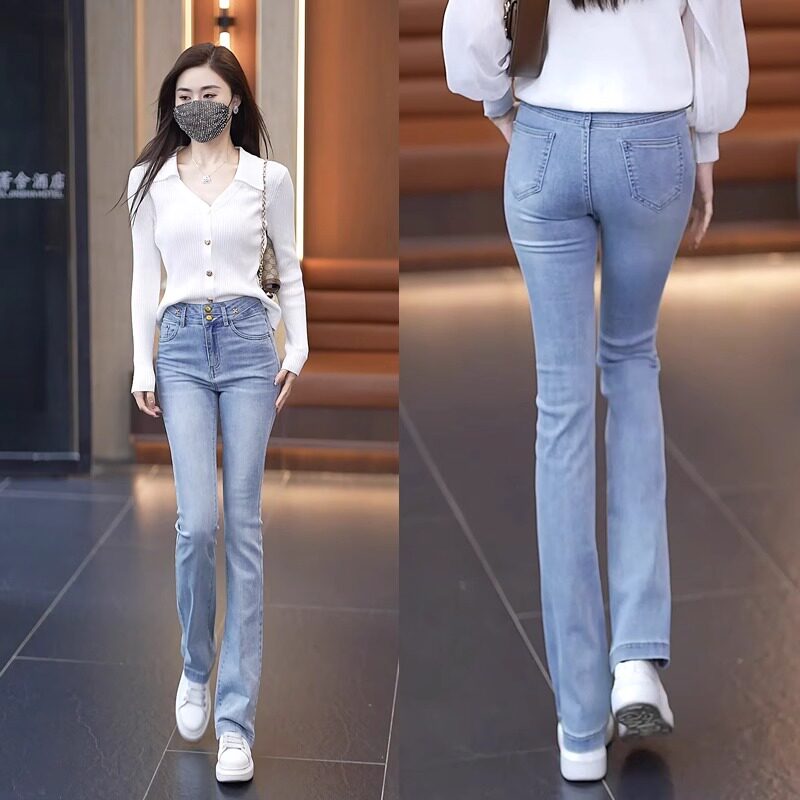 潮牌浅蓝色微喇牛仔裤女2026夏季新款薄款高腰显瘦修身马蹄喇叭裤