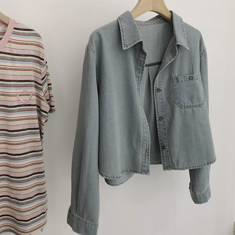 潮牌春秋做旧水洗柔软舒适短款宽松显瘦长袖牛仔衬衫薄外套上衣女
