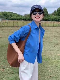 潮牌克莱因蓝衬衫女春秋小个子短款衬衣外搭开衫外套高级感上衣