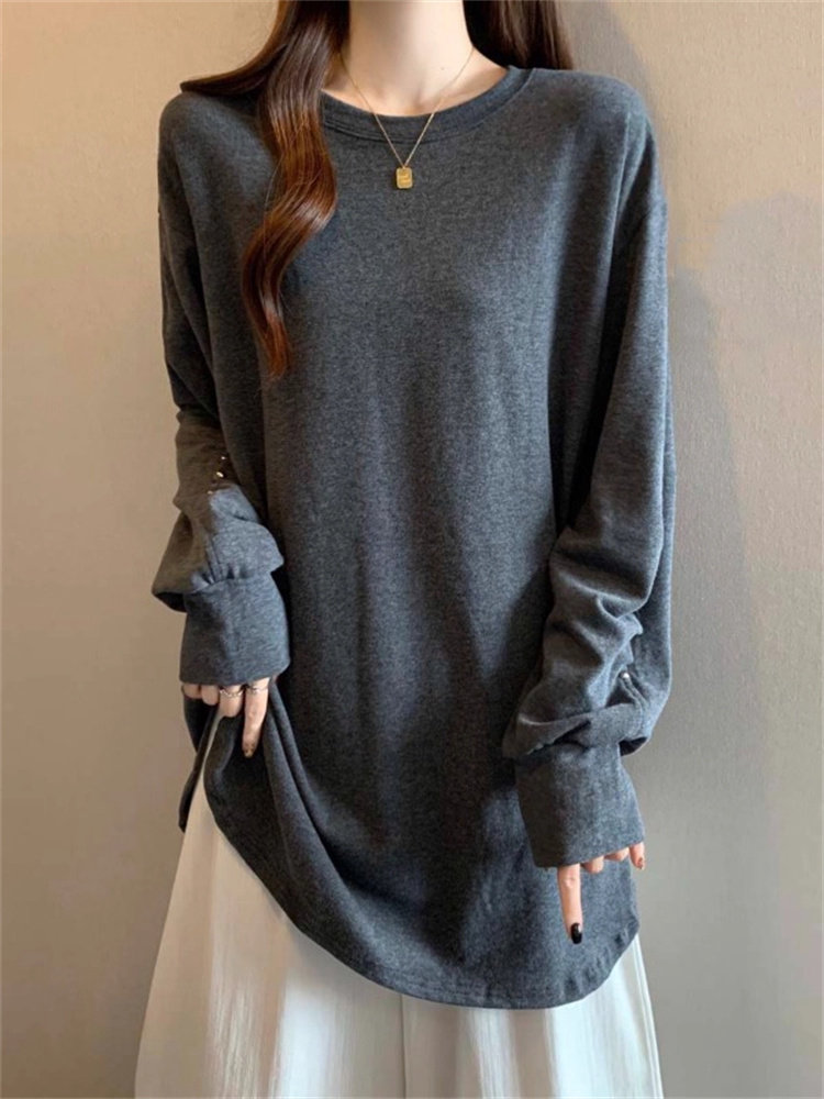 潮牌慵懒风正肩长袖T恤女2025春秋季新款大码胖mm中长款卫衣上衣