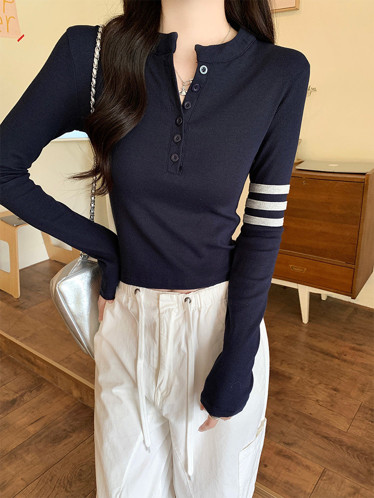 潮牌美式辣妹半开圆领纽扣短款长袖T恤女2025春秋运动条纹打底衫