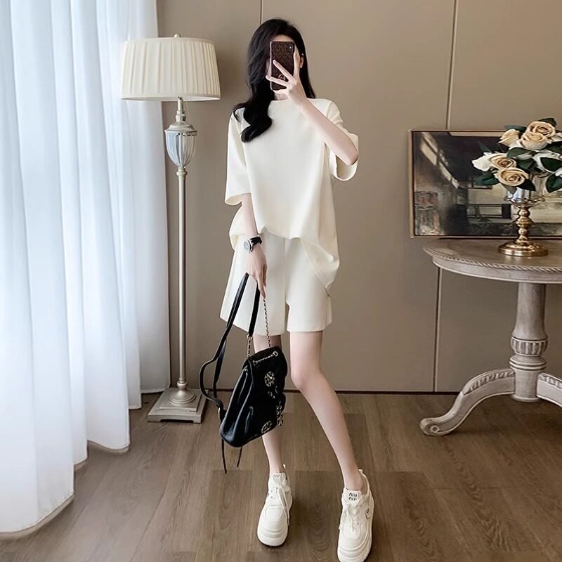 潮牌法式高级休闲运动套装女夏宽松减龄慵懒风短袖高腰短裤两件套