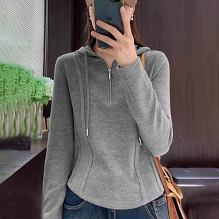 潮牌拉链连帽正肩卫衣女2024春秋新款小个子修身短款显瘦上衣外套