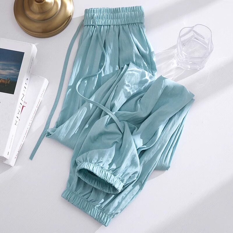 潮牌冰丝束脚工装裤女夏薄款高腰防晒速干运动哈伦休闲萝卜棉麻裤