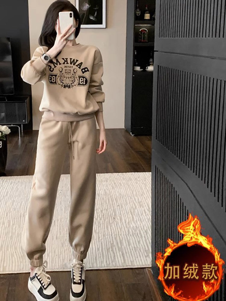 潮牌炸街时尚运动套装女秋冬季2025新款欧货小个子加绒卫衣两件套