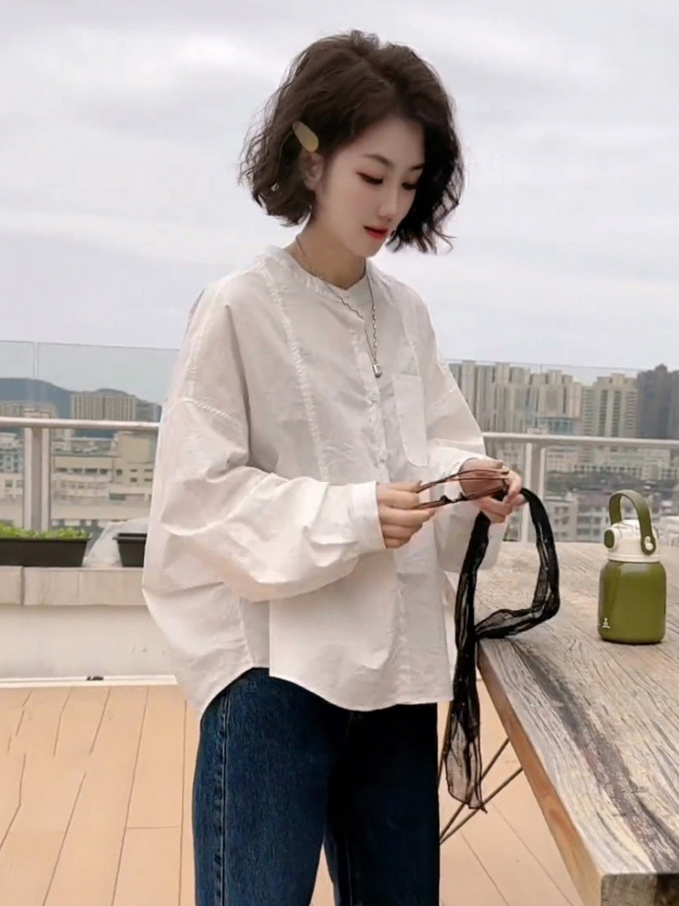 潮牌韩版圆领落肩袖衬衫女2025春秋高级感小众独特超好看棉质衬衣