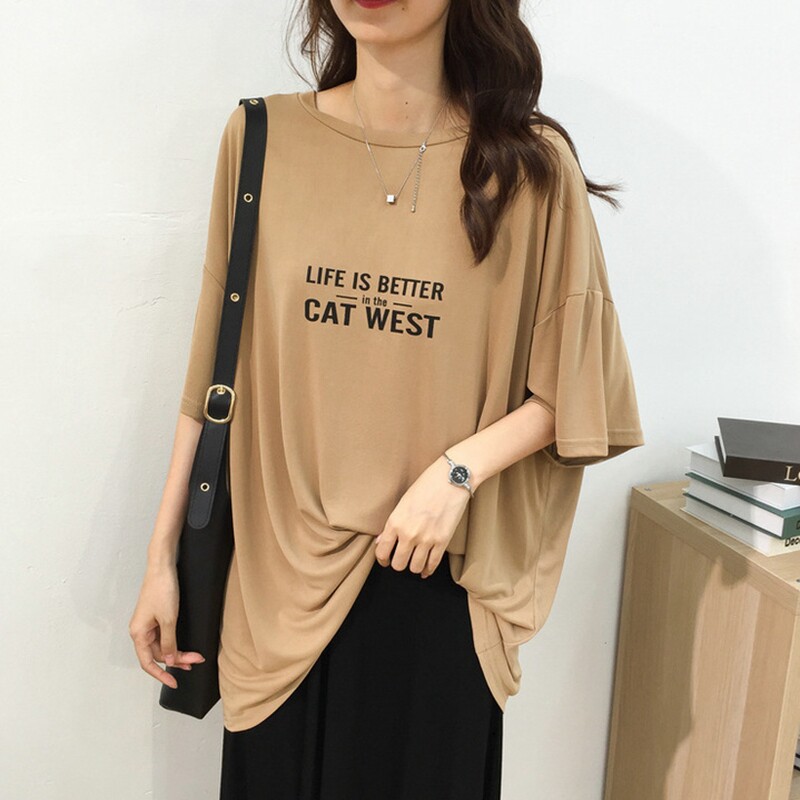 潮牌夏季大版面膜T恤女宽松慵懒风短袖中长版韩版莫代尔冰丝上衣