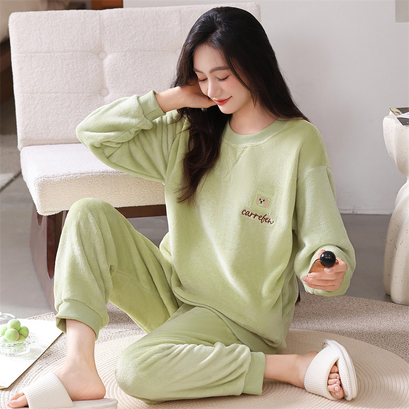 潮牌珊瑚绒睡衣秋冬加绒加厚保暖长袖可外穿法兰绒家居服休闲套装