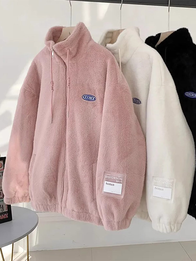 潮牌彷濑兔毛高级感毛绒外套女加绒加厚冬季新款宽松立领拉炼卫衣