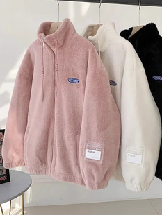 潮牌彷濑兔毛高级感毛绒外套女加绒加厚冬季新款宽松立领拉炼卫衣