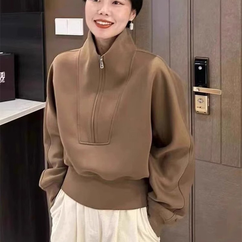 潮牌高级感半拉链加绒加厚卫衣外套女2025秋冬小个子今年流行上衣