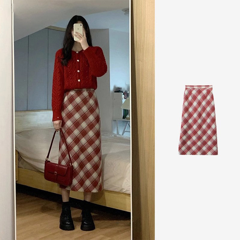 潮牌高端复古高腰显瘦红色格子a字毛呢半身裙女秋冬小个子中长款