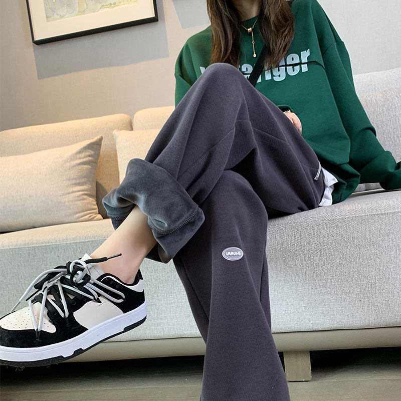 潮牌运动女宽松束脚卫裤2025秋冬新款加绒加厚直筒休闲加长阔腿裤