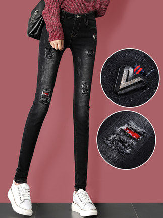 破洞牛仔裤女2019秋冬新款黑色加绒裤子高腰显瘦百搭铅笔小脚冬季|ruв категории плесень играть/Аниме/вокруг/cos/настольные игры, Косплей одежды/реквизит/услуги, Косплей женской одежды - от Buy2taobao.com для оказания профессиональной услуги покупки агента Taobao