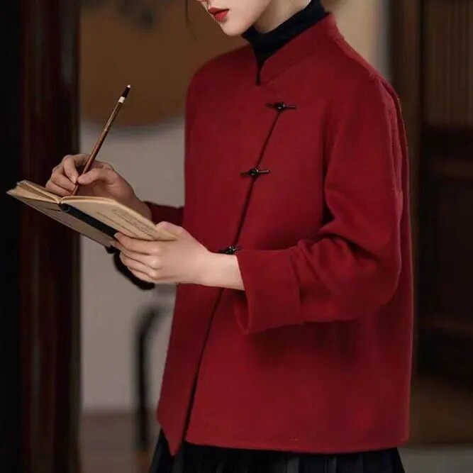 2025新中式国风盘扣毛呢外套女秋冬宽松气质高端优雅短大衣小个子