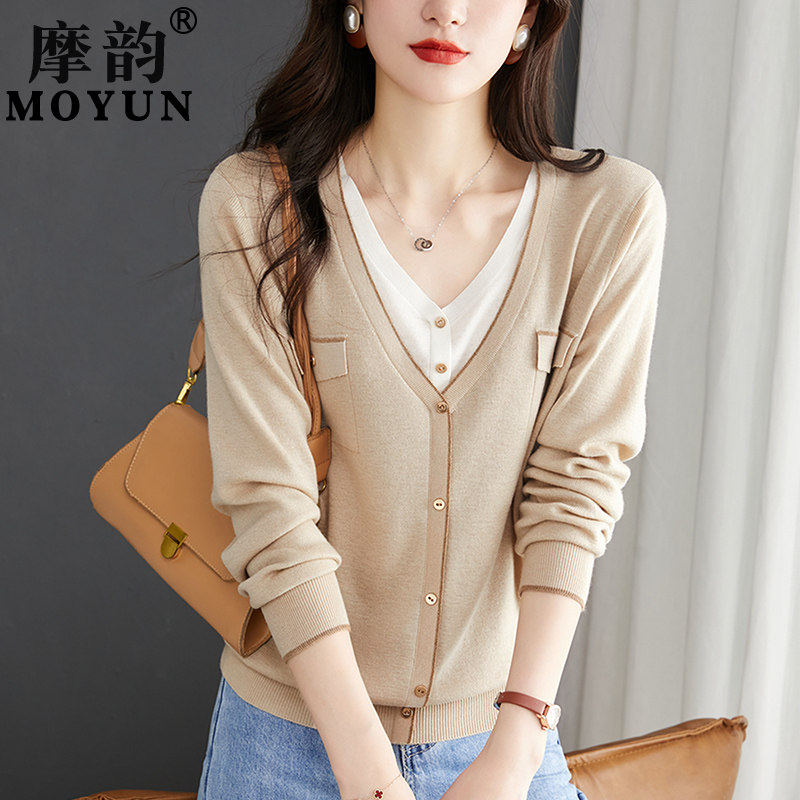 假两件上衣女假开衫毛衣外套薄款2025年早春装新款羊毛V领针织衫