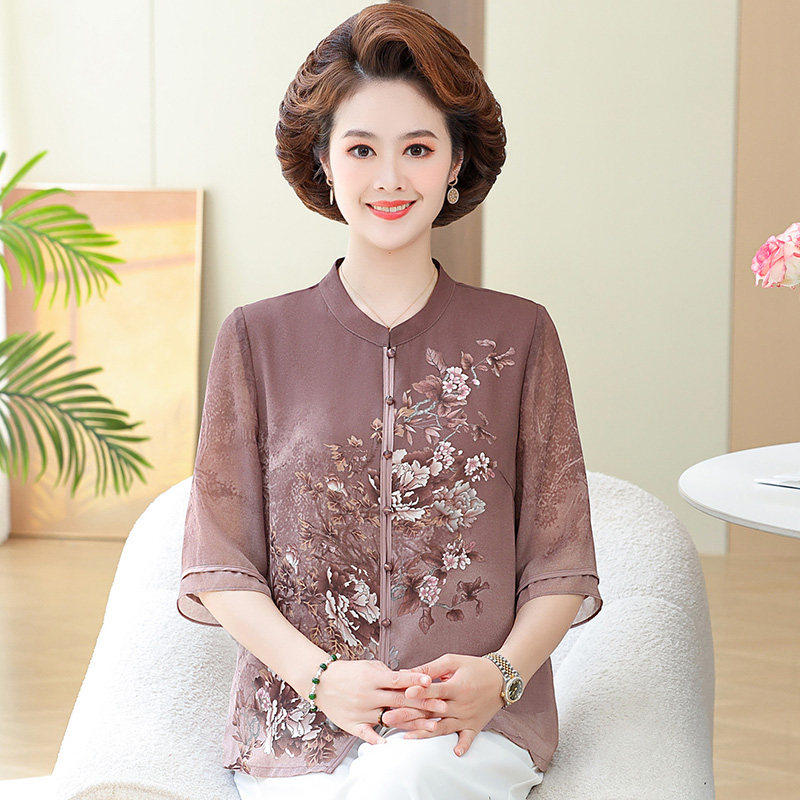 中老年桑蚕丝真丝衬衫 大尺码绿色七分袖碎花开衫女装 民族风立领