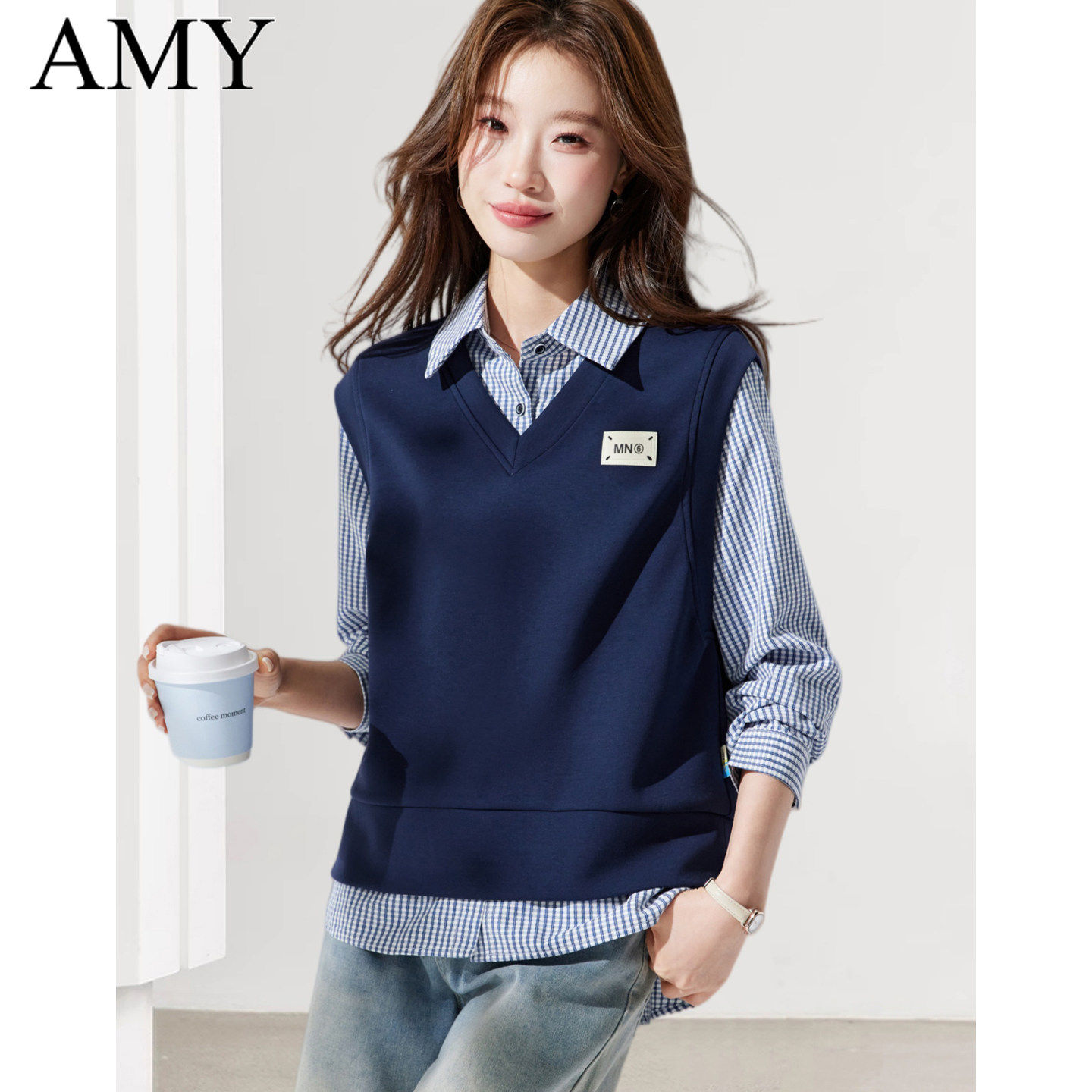 2026春装新款格子衬衫两件套显瘦宽松马甲小个子减龄套头上衣女装