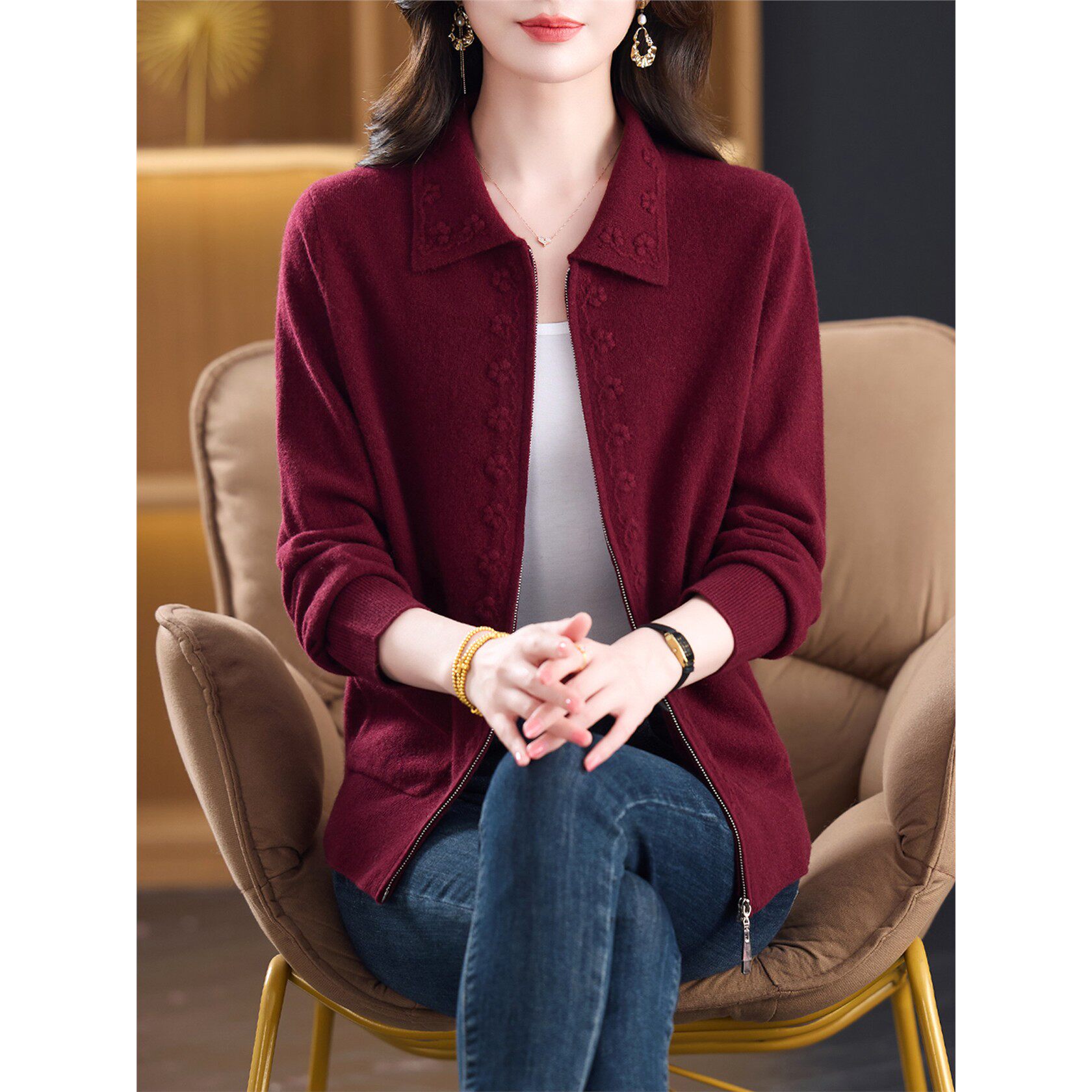 100%纯羊毛开衫女妈妈翻