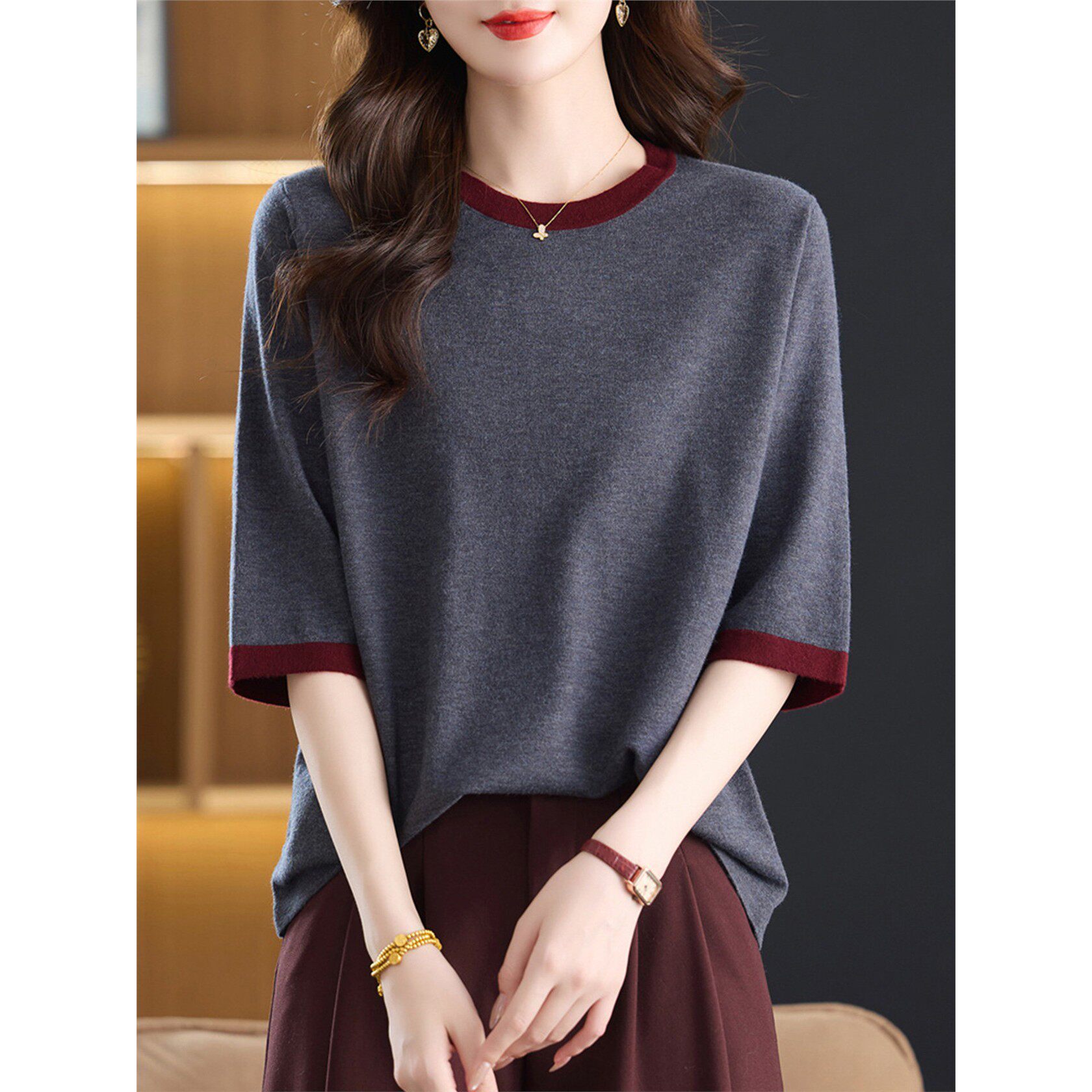 中年妈妈中袖t恤女2025早秋新款薄款针织衫宽松遮肚子五分袖上衣