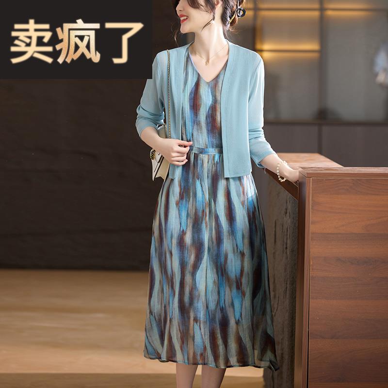 母亲节妈妈夏装连衣裙复古披肩两件套中老年人女士高贵过膝长裙子