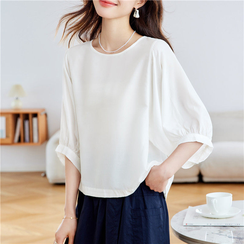 白色雪纺蝙蝠衫T恤女夏装圆领中袖不规则遮肚子衬衫前短后长上衣