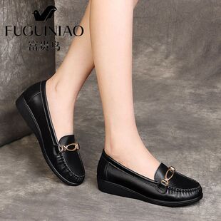 正品 坡跟意脚蹬平底鞋 妈妈豆豆女鞋 富贵鸟软底头层牛皮女士单鞋