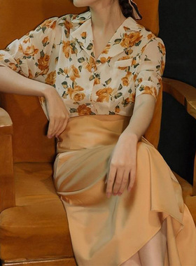 港风套装女夏花色衬衫复古高腰黄色半身裙气质显瘦轻熟两件套裙子