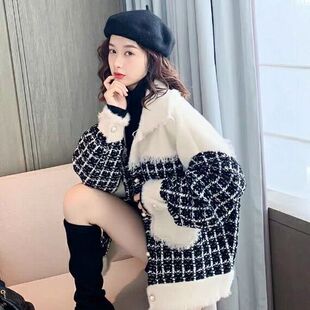 格子毛呢外套女2026春秋新款韩版小个子粗花呢子小香风短款大衣潮