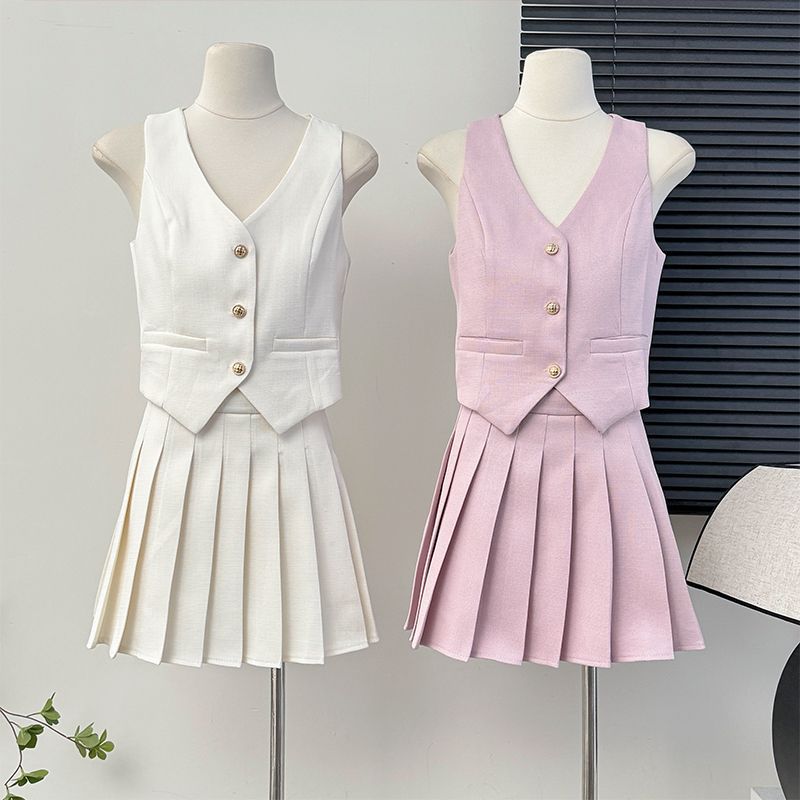 法式小香风单排扣开叉西装马甲吊带背心女夏季高腰百褶短裙两件套