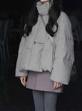 冬季宽松保暖棉服女高级感超好看气质名媛灰色短款棉衣厚外套潮