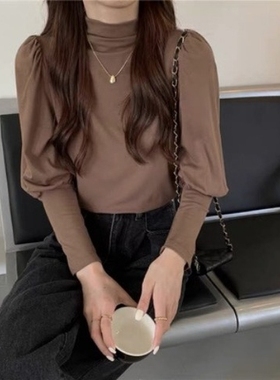 半高领打底衫春秋装新款2025内搭显瘦泡泡袖长袖T恤小众别致上衣