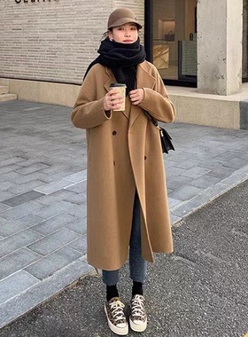 2025年驼色毛呢大衣女中长款秋冬季气质韩国时尚双排扣毛呢外套潮