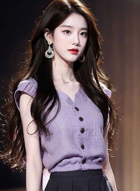 纯色V领小飞袖衬衫女2025年夏季爆款高级感气质减龄洋气显瘦上衣