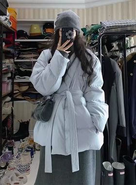 冬季新款蓝色棉服外套女 小众设计加厚面包服 休闲保暖棉衣外套