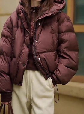 日韩休闲连帽短款棉服冬季加厚保暖红色外套韩版时尚百搭面包服