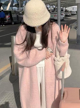 2025年秋冬季慵懒宽松过膝中长款加厚纯欲法兰绒开衫外套女潮流