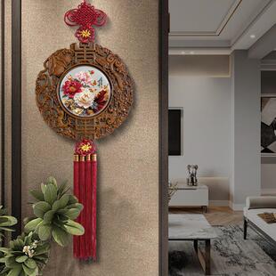 中古风装饰画客厅玄关挂画入户正对门墙上装饰品圆形玉石木雕挂件