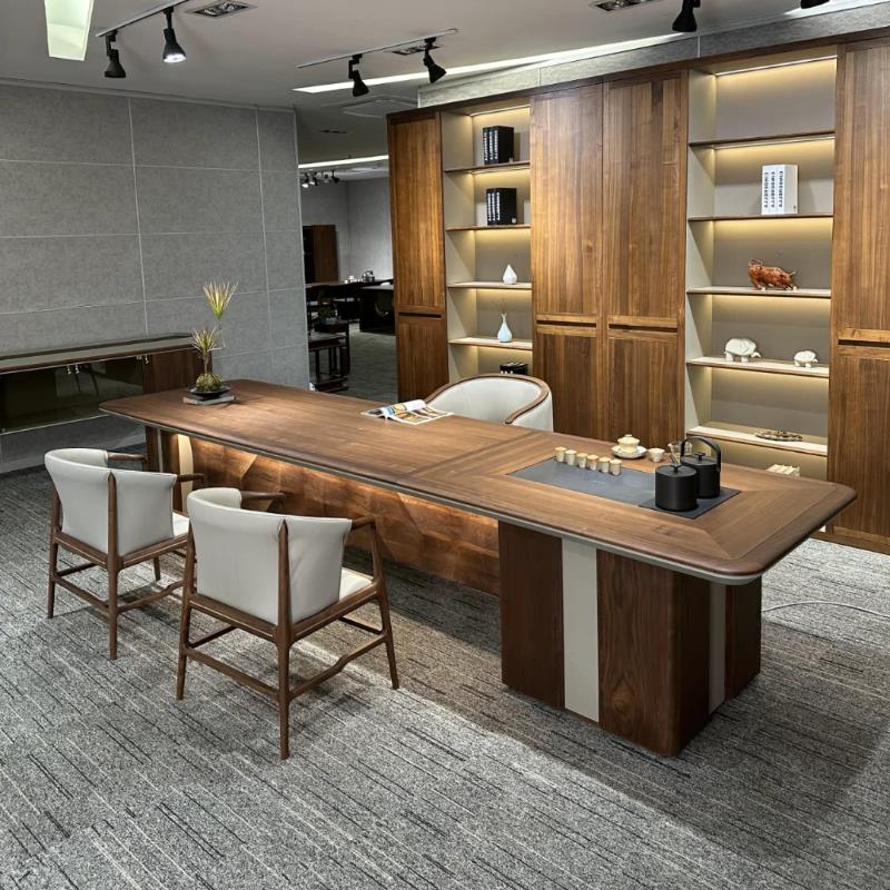 新中式黑胡桃木茶桌椅组合轻奢现代高级感办公桌一体两用泡茶台