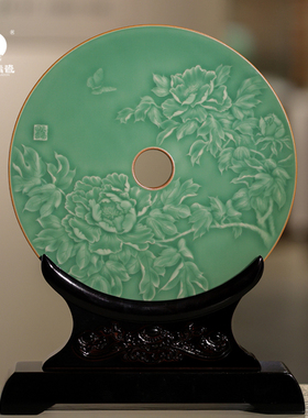 龙泉宋元青瓷高端省级工美大师手工制作国色天香青件收藏送礼璧摆