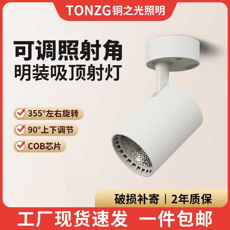 明装射灯可调角度单个家用小吸顶式轨道灯聚光射灯LED天花灯筒灯